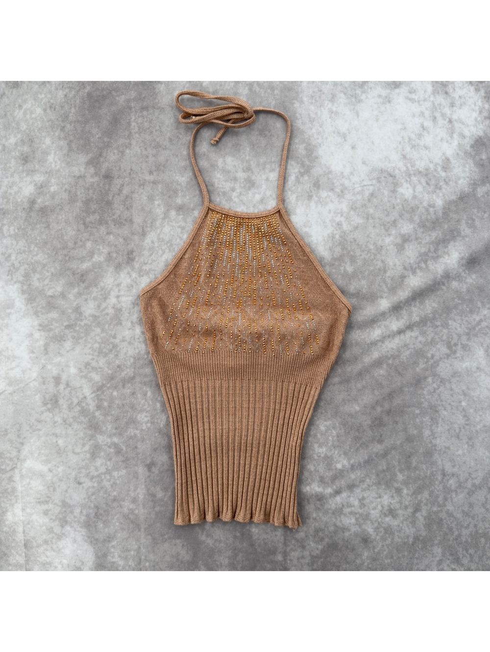 Y2K B’nK Beaded Knit Halter Neck Tank Top Tan One Size